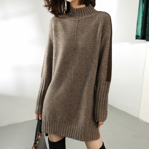 Women Autumn Winter Sweater Knitted Dresses Women Fashion Turtleneck Long Sweater Dress Ladies Warm Split Sweater Dress ► Photo 1/6