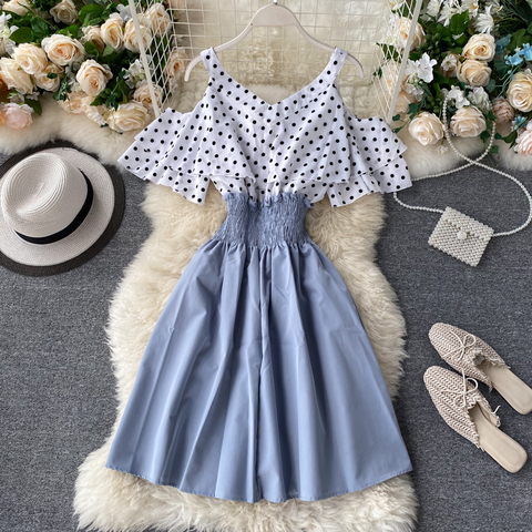 FMFSSOM Summer Spring Patchwork Polka Dot Bow Spaghetti Strap Ruffles Women Female A-line High Waist Midi Dress ► Photo 1/6