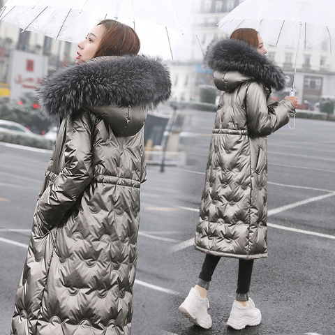 Real Raccoon Fur Collar Down Coats Long Winter Warm White Duck Down Jacket Parka Womens Glossy Down Coat Winter Hooded Overcoat ► Photo 1/6