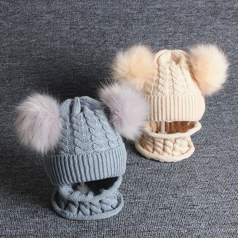 Pompom Baby Hat Scarf Set Soft Infant Baby Girl Boy Winter Autum Hat For Kids Warm Knitted Toddler Baby Stuff Beanies Cap ► Photo 1/6