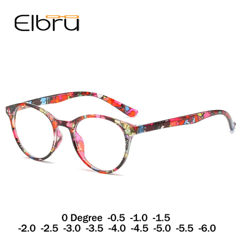 Elbru Diopter 0 to -6.0 Finished Myopia Glasses Women Floral Round Myopic Eyeglasses Nearsighted Optical Spectacle Frame Ladies ► Photo 1/6