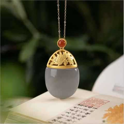 Natural Hetian Purple Jade Oval Lotus Pattern Pendant Necklace Chinese Style Retro Elegant Light Luxury Noble Silver Jewelry ► Photo 1/6