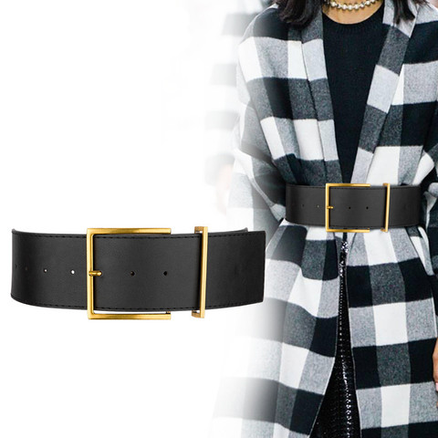 Fashion Women Wide Belt Vintage Gold Big Metal Pin Buckle waistbands Female Black PU Leather Belts Dress Coat Waist Corset Strap ► Photo 1/6