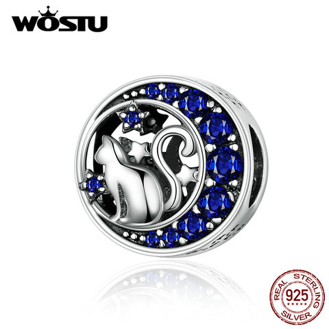 WOSTU Moon & Star Cute Cat Beads 925 Sterling Silver Blue Enamel Charm Fit Original DIY Bracelet Pendant Jewelry Making CQC1204 ► Photo 1/6