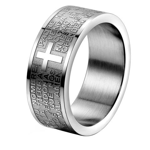 Fashion Mens 316L Stainless Steel Ring Spanish Lord's Prayer Bible Cross 8mm Band silver color anillos hombre mens jewellery ► Photo 1/6