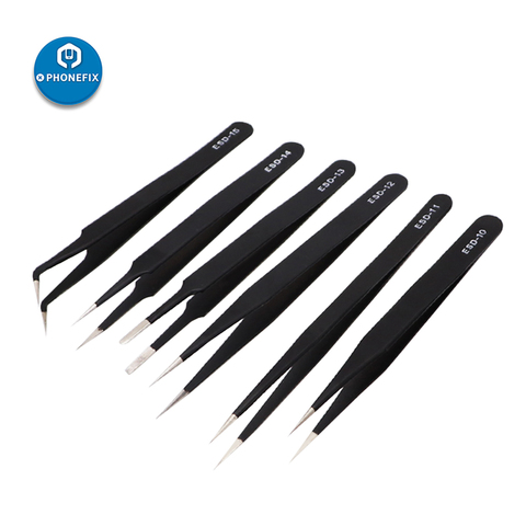 6Pcs Anti-static ESD Stainless Steel Tweezers Set Cell Phone Repair Tools Precision Curved Straight Industrial Tweezers ► Photo 1/6