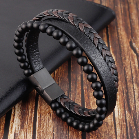 Charm Rope Stainless Steel Magnetic Natural Stone Leather Man Bracelet Beaded Braclet Volcanic Stone bracelet bangles Chain Gift ► Photo 1/6