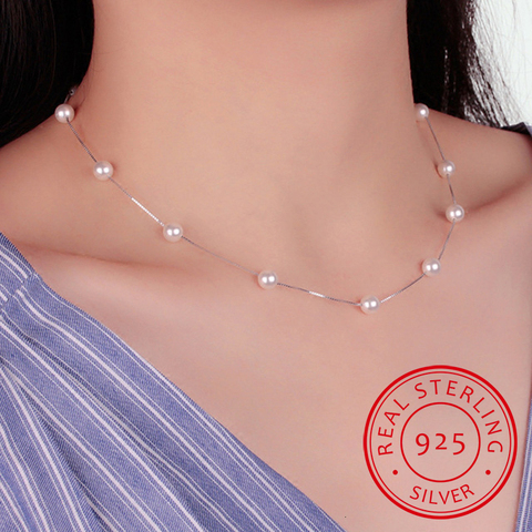 925 Sterling Silver Jewelry 12 Pcs 6mm Pearl Box Chain Choker Necklace Kolye Collares Bijoux Femme S-n54 ► Photo 1/6