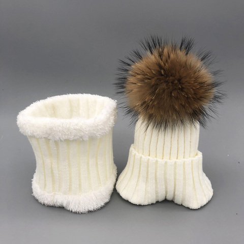 2022 winter hat set Boys Girls Kids Warm Fleece Liner Hats set Winter Hat For Children Baby 100% Fur Pompom Skullies Beanies ► Photo 1/5