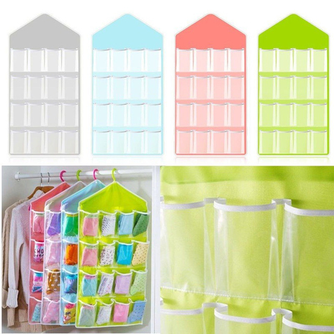 16 Pockets Clear Hanging Bag Socks Tie Bra Underwear Rack Hanger Storage Organizer Foldable Wardrobe Wall Door Back Hanging Bags ► Photo 1/6