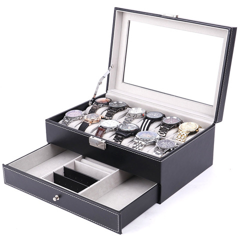 12 Slot PU Leather Watch Storage Boxes, Men & Women Jewelry Display Drawer Case, 2-Tier Organizer Watch Showcase with Glass Lid ► Photo 1/6