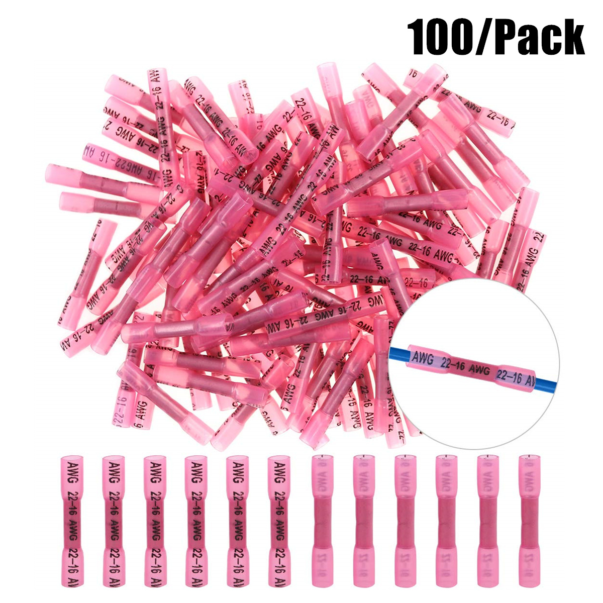 100PCS Red 22-16AWG Heat Shrink Wire Connectors Butt Splice Waterproof Terminals 