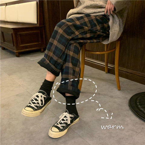 Fashion Autumn Winter Fleece Plaid Pants Women Thick Trousers Loose Straight Casual Pants High Waist Wide Leg Pants Woman Pants ► Photo 1/6