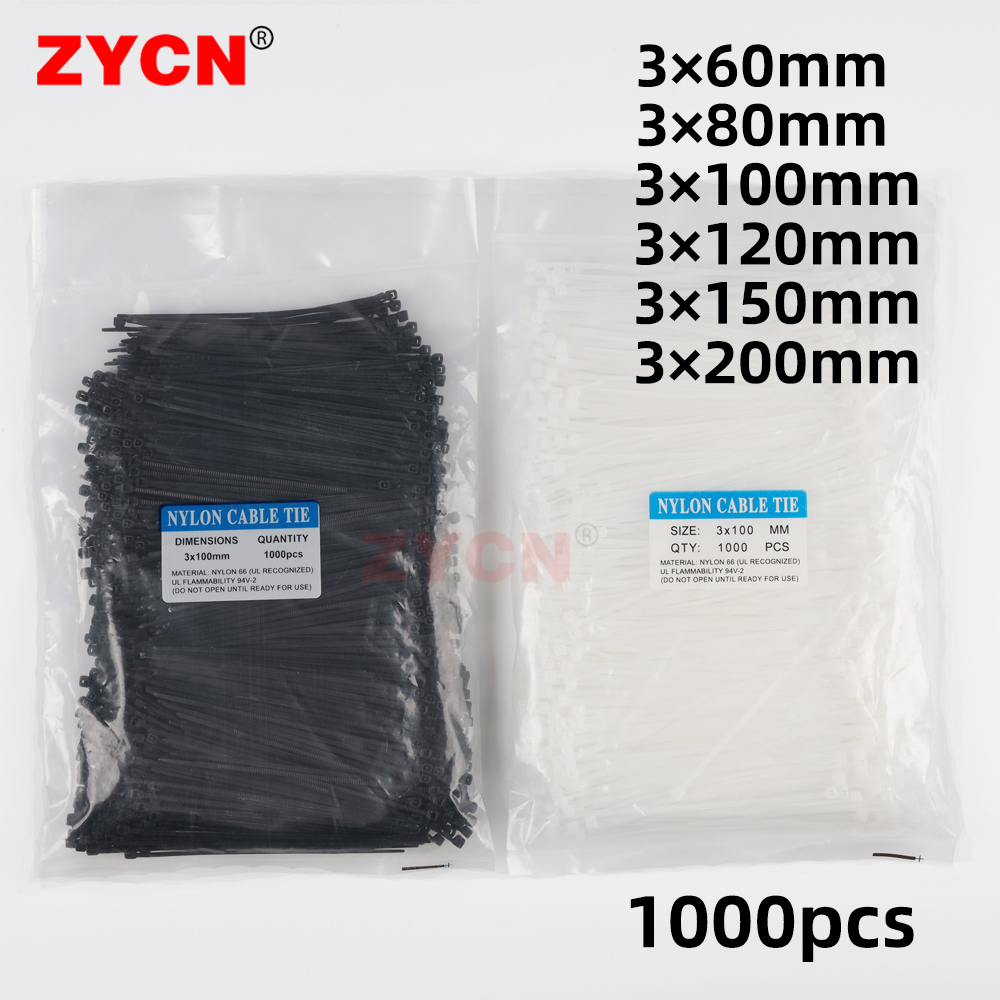 1000Pcs Black Plastic Cable Zip Tie Fasten Wrap 100mm x 1.8mm 