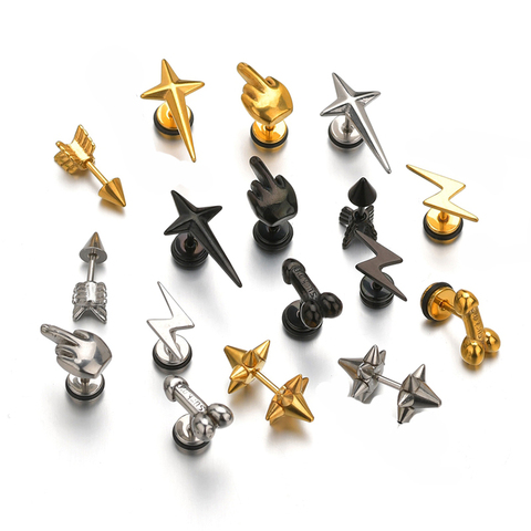 Punk Stainless Steel Earrings For Men Women Gothic Rockets Arrow Stud Earrings Finger Cool Prevent Allergy Gold Puncture Earring ► Photo 1/5