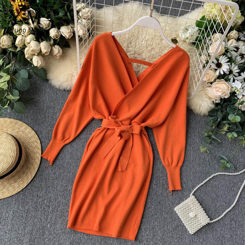 YuooMuoo Autumn Winter Women Knitted Sweater Dress 2022 New Korean Long Batwing Sleeve V Neck Elegant Dress Ladies Bandage Dress ► Photo 1/6