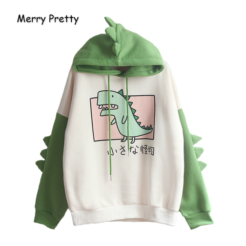 Merry Pretty Women Dinosaur Sweatshirts Hooded Warm Fleece Hoodies Pullovers With Horns Harajuku Hooded Girls Teens Green Hoodie ► Photo 1/6