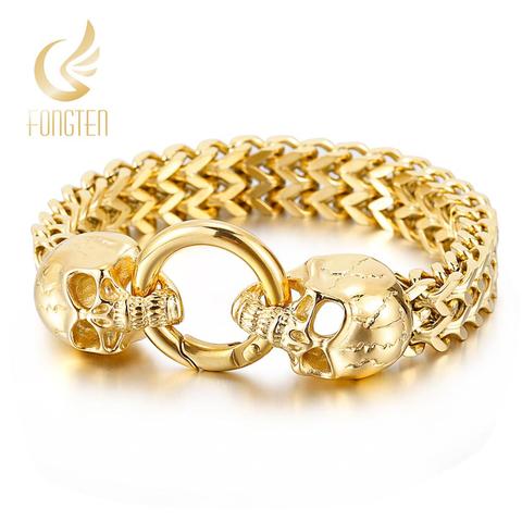 Fongten Gold Cool Skull Head Men Charm Bracelet Hip Hop Armband Stainless Steel Punk Wrist Bracelets Bangle Male Jewelry ► Photo 1/6