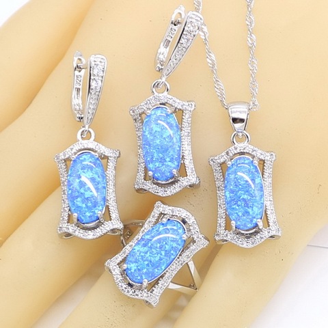 Geometric Blue Opal 925 Silver Jewelry Sets For Women Bridal Necklace Pendant Earrings Rings Birthday Gift Box ► Photo 1/6