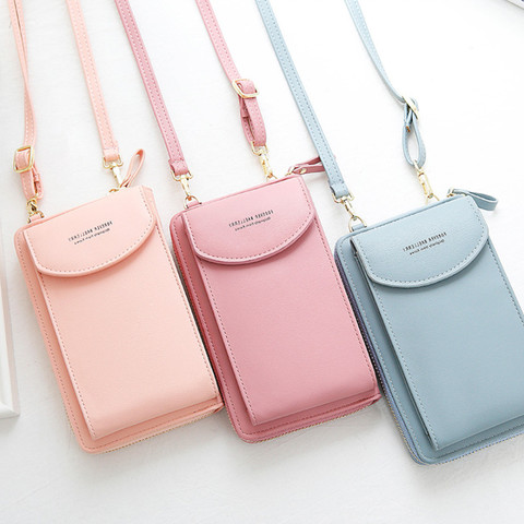 New Women Purses Solid Color Leather Shoulder Strap Bag Mobile Phone Big Card Holders Wallet Handbag Pockets for Girls ► Photo 1/6