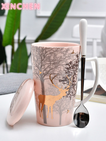 XINCHEN Christmas Deer Mug Ins Pink Girl Heart Ceramic Cup Nordic Couple Water Cup Coffee Cup with Lid Spoon ► Photo 1/6