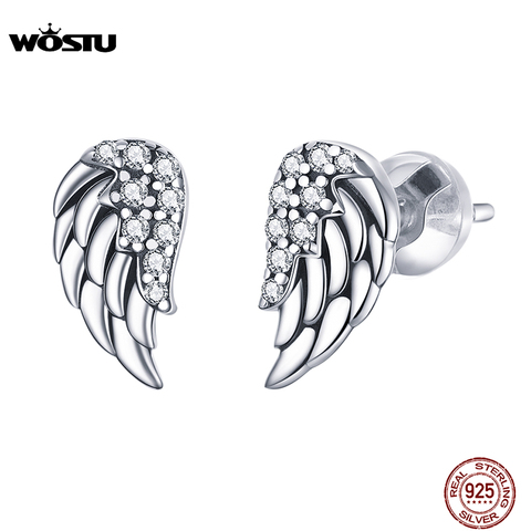 WOSTU Feathers Earrings 925 Sterling Silver Retro Angel Wings Stud Earrings Stud for Women Cubic Zircon CZ Silver Jewelry CQE882 ► Photo 1/6