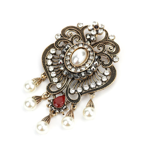 Sunspicems Antique Gold Color Flower Women Brooch Full Crystal Droppearl Turkish Ethnic Banquet Jewelry Hijab Caftan Accessories ► Photo 1/6