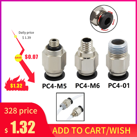 MEGA Pneumatic Connectors PC4-01 PC4-M5 PC4-M6 Remote Bowden M10 Thread Stainless Steel Fast Fittings 3D Printers Parts Feeding ► Photo 1/6