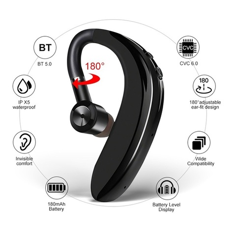 Sport Stereo Bluetooth Wireless Earphone Single Earphone BT V5.0 Noise Cancelling Business Headset Ear Hook for IOS iPhone 11 ► Photo 1/6