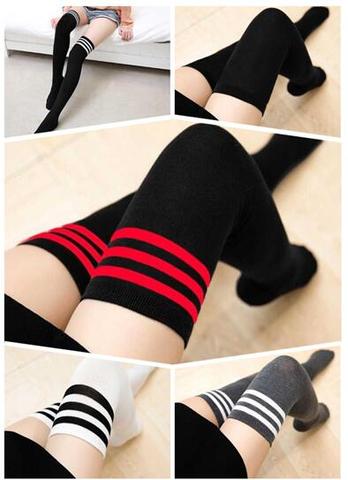 7 Colors Three-Bar Striped Socks Gilr Knee High Socks Cotton Non-Slip Sweat-Absorbing Deodorant Thigh Overknee Long Socks Women ► Photo 1/6