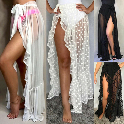 Sexy Women Mesh Sheer Beach Bikini Cover Ups Vacation Sunscreen Wrap Skirt 2022 New RufflesDot  High Waist Split Bikini Cover Up ► Photo 1/6