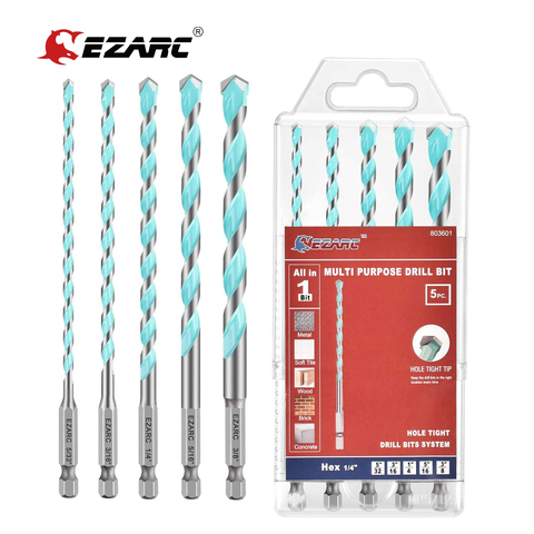 EZARC 5Pcs Carbide Tip Multi-Purpose Drill Bit Set Hex Shank Masonry Drill Bit Kit for Metal, Wood, Block,Brick,Tile and Plastic ► Photo 1/6