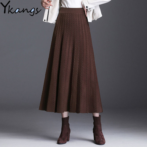 Winter Thick Warm Women Pleated Skirt Lurex High Waist Knitted Sweater Skirts Korean Autumn Long A Line Midi Skirt Black Gray ► Photo 1/6