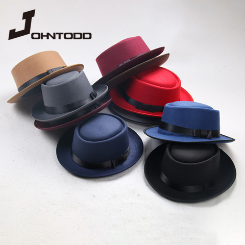 Father uses simple faux wool men's black gentleman flat top bowler hat concave top head wearing jazz hat bucket hat woman cap ► Photo 1/6