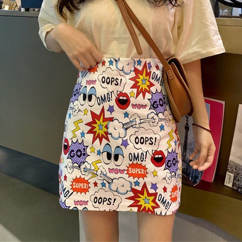 Cartoon Print High Waist Mini Skirts Summer Women Pencil Skirt Young Girl Large Size A-Line Design Korean Vintage Fit Slim Sexy ► Photo 1/6