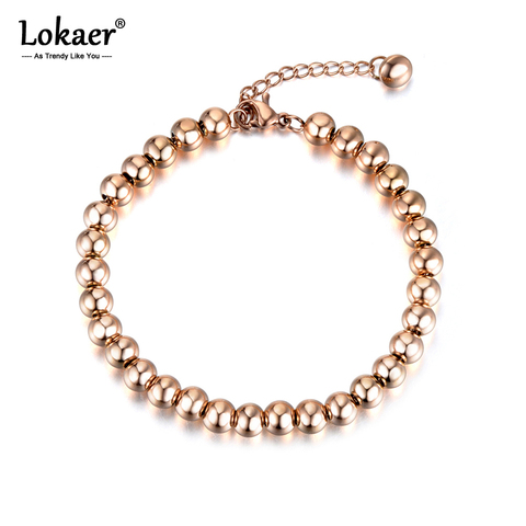 Lokaer Classic Rose Gold Color 4/5/6mm Round Beads Strand Bracelets Bangle Stainless Steel Link Chain Bracelet For Women B18023R ► Photo 1/6