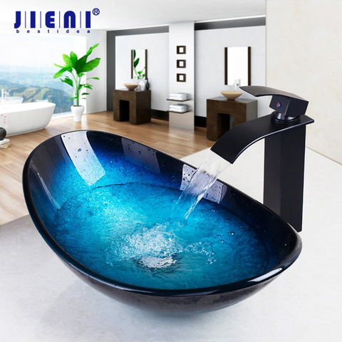 JIENI Tempered Glass Hand Painted Waterfall Spout Basin Black Tap Bathroom Sink Washbasin Bath Brass Set Faucet Mixer Taps Blue ► Photo 1/6