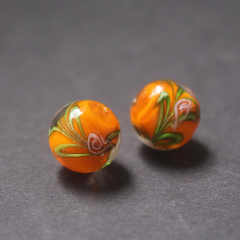 10Pcs 12mm Handmade Glass lampwork beads Flower with Green leaf Orange Color  for jewelry making Wholesale and Retail ► Photo 1/6