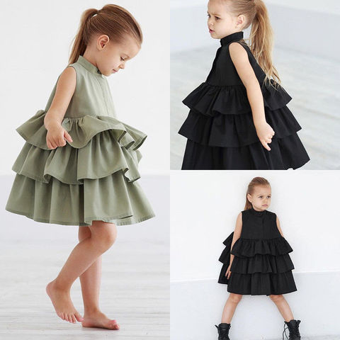 Summer Cute Black Green Ball Gown Girls Dresses Kid Girl Party Dress Sleeveless O Neck Cake Ruffled Tutu Bubble Dress 2-6T ► Photo 1/6