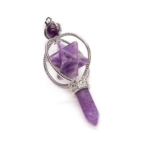 KFT Silver Plated Natural Purple Amethysts Crystal Quartz Merkaba Energy Symbol Healing Sceptre Pendulum Pendant Jewelry ► Photo 1/2