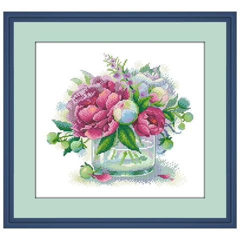 Peony flower vase cross-stitch kits package 18ct 14ct 11ct white cloth cotton thread embroidery DIY cross stitch needlework ► Photo 1/6