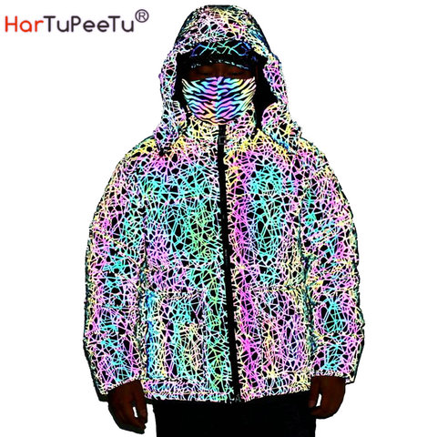 Winter Men Rainbow Reflective Hooded Parkas Down Cotton Jacket Luminous Clothing Street Nightclub Hip Hop Dance Cargo Outcoat ► Photo 1/6