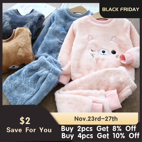 Baby Boy Girl Clothes Pajamas Set Flannel Fleece Toddler Child Warm Catoon Bear Sleepwear Kids Home Suit Winter Fall Spring 1-8Y ► Photo 1/6