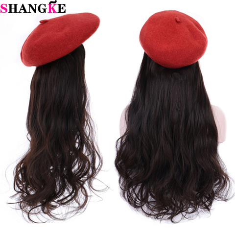 SHANGKE Synthetic Fisherman Long Wavy Straight Wigs For Women Hair Extension Black White Knitted Cap Winter Fashion Warm Hat Wig ► Photo 1/6