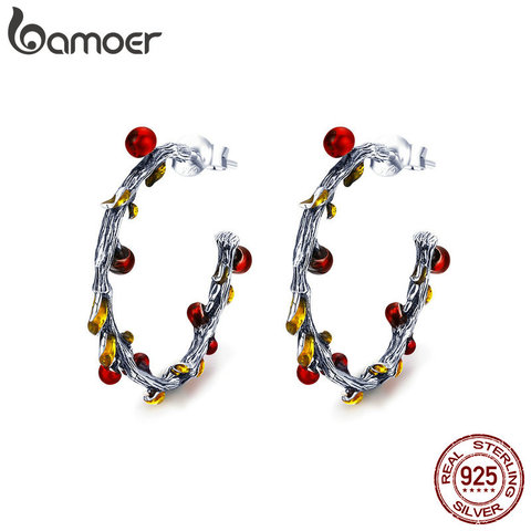 BAMOER Authentic 925 Sterling Silver Autumn Plant Withered Tree Leaves Hoop Earrings for Women Korean Earrings Jewelry SCE443 ► Photo 1/6