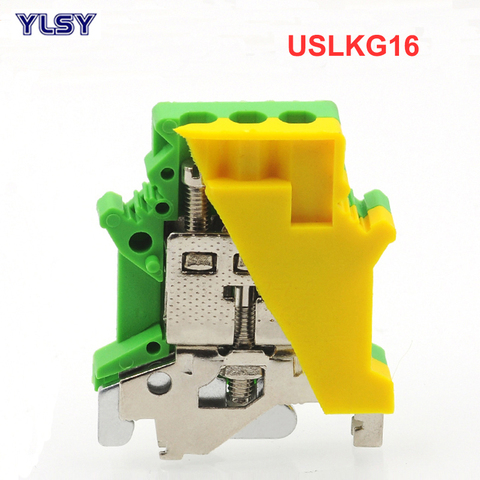 10Pcs Ground Terminal Blocks USLKG16 DIN Rail Screw Terminal Blocks UK-16N Yellow Green Earth Morsettiera Wire Connector 16mm2 ► Photo 1/5