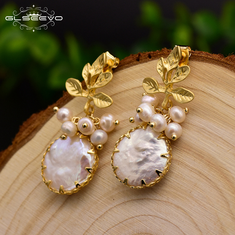 GLSEEVO Natural Fresh Water Baroque Pearl Earrings For Women Plant Leaves Dangle Earrings Luxury Handmade Fine Jewelry GE0308 ► Photo 1/6