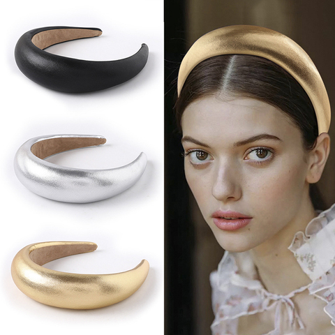 2022 Women PU Padded Wide Sponge Headband Solid Sweet Gold Silver Color Hair Hoop Vintage Party Stretchy Thick Headpiece ► Photo 1/6