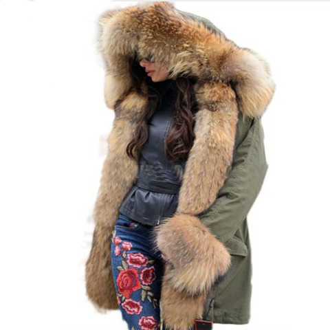 2022 New Women Large Raccoon  Collar Hooded  Real Fox Fur Liner Coat Black Army Green Parkas  Outwear Winter Jacket ► Photo 1/6