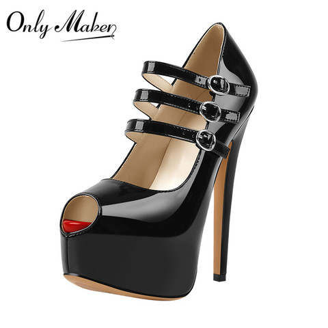 Onlymaker Women Black Peep Toe Mary Jane Platform Buckle Pumps Ankle Strap Stiletto 16cm High Heels Dress Buckle Shoes Big Size ► Photo 1/5